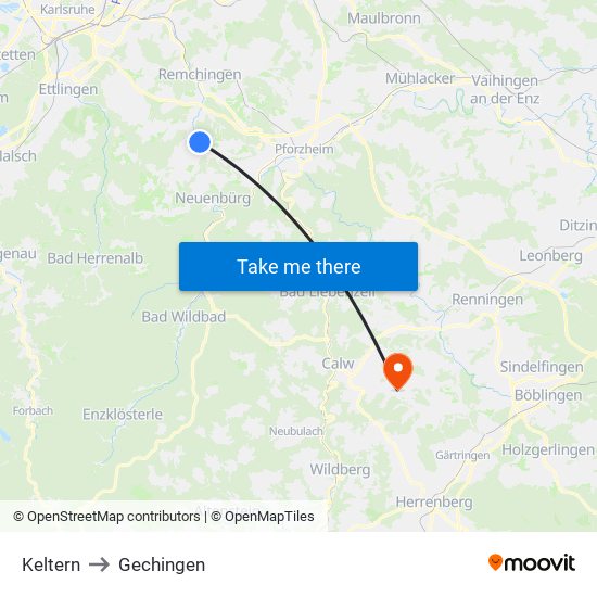 Keltern to Gechingen map