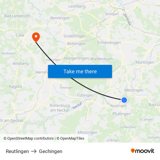 Reutlingen to Gechingen map