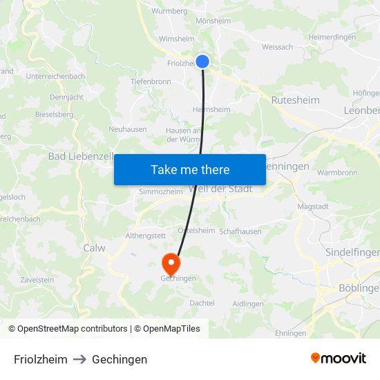 Friolzheim to Gechingen map