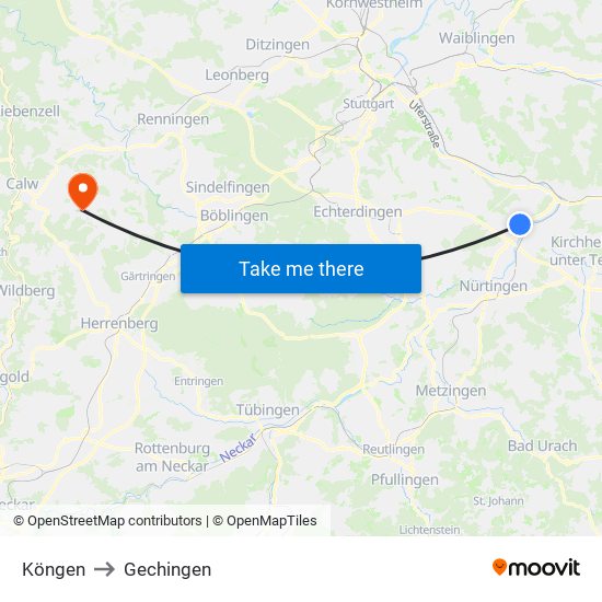Köngen to Gechingen map