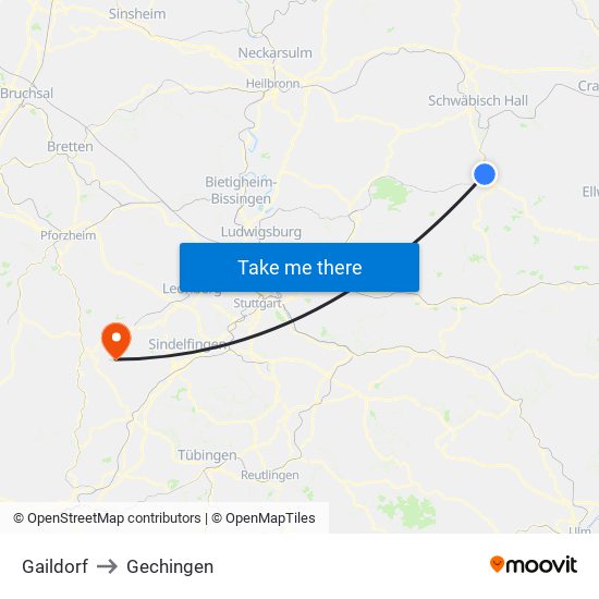 Gaildorf to Gechingen map