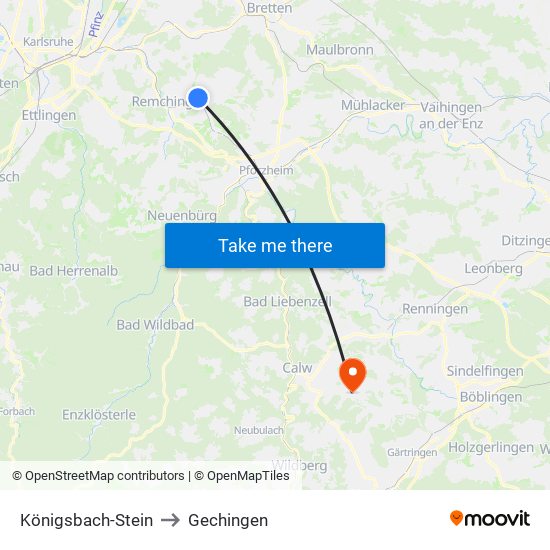 Königsbach-Stein to Gechingen map