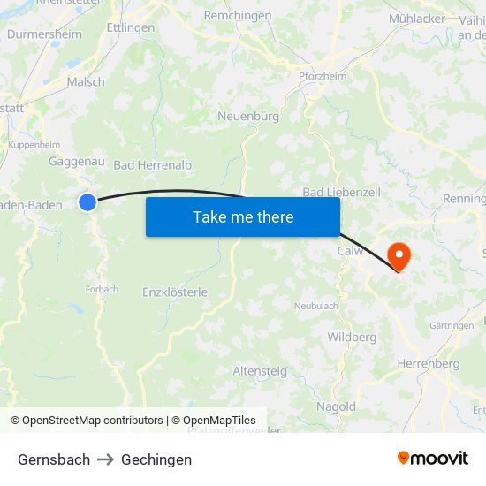 Gernsbach to Gechingen map