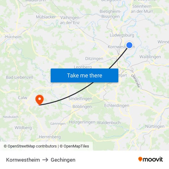 Kornwestheim to Gechingen map