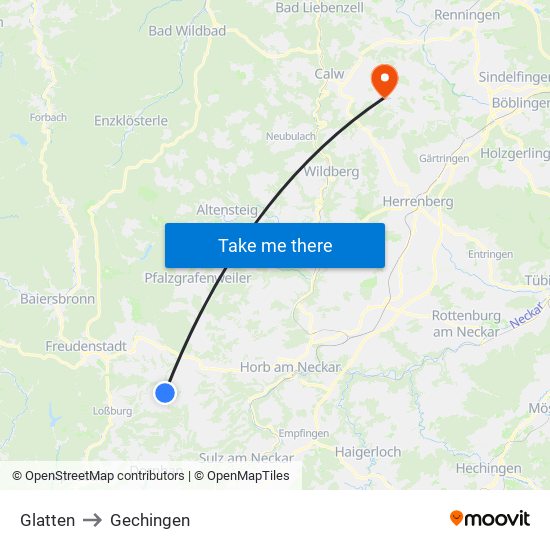 Glatten to Gechingen map