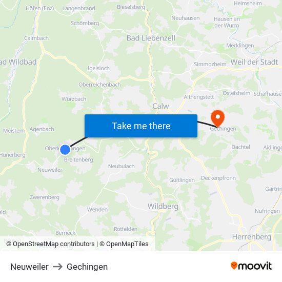Neuweiler to Gechingen map