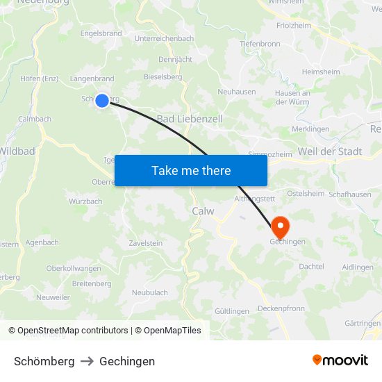 Schömberg to Gechingen map