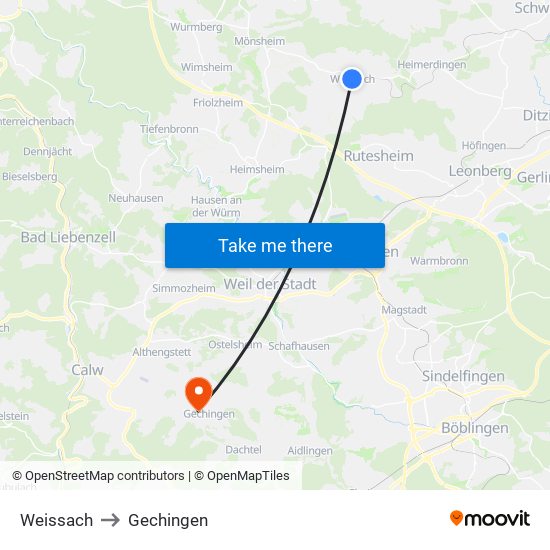 Weissach to Gechingen map