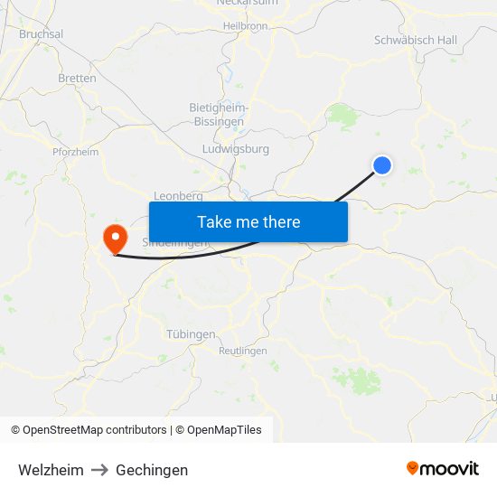 Welzheim to Gechingen map