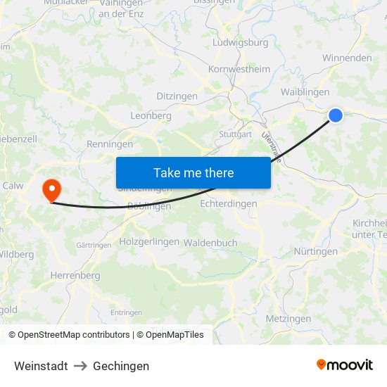 Weinstadt to Gechingen map