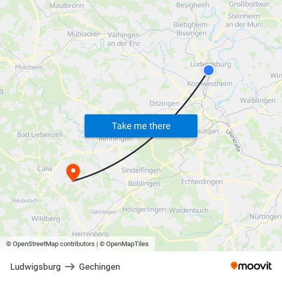 Ludwigsburg to Gechingen map