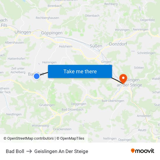 Bad Boll to Geislingen An Der Steige map