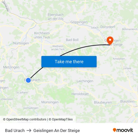 Bad Urach to Geislingen An Der Steige map