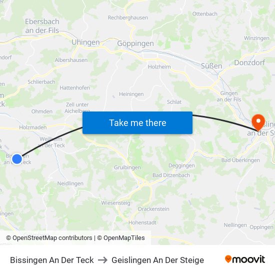 Bissingen An Der Teck to Geislingen An Der Steige map