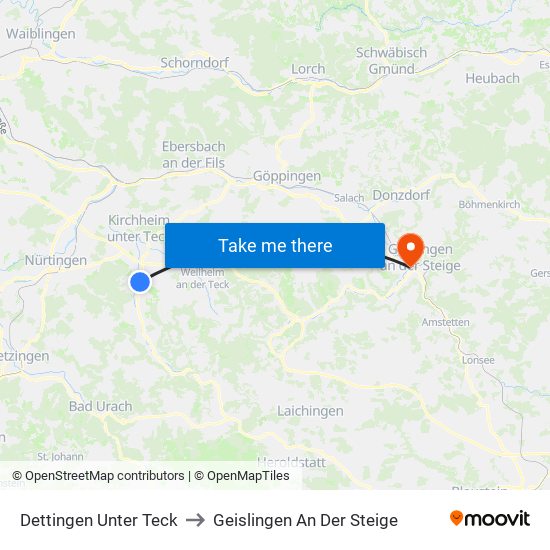 Dettingen Unter Teck to Geislingen An Der Steige map