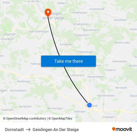 Dornstadt to Geislingen An Der Steige map