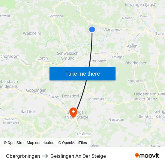 Obergröningen to Geislingen An Der Steige map
