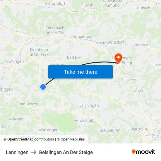 Lenningen to Geislingen An Der Steige map