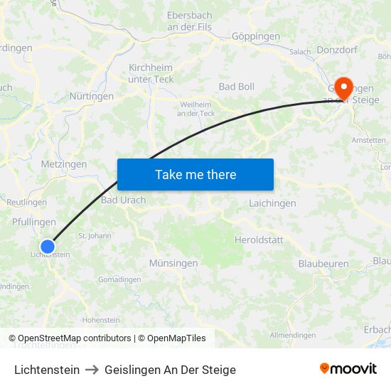 Lichtenstein to Geislingen An Der Steige map