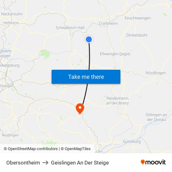Obersontheim to Geislingen An Der Steige map
