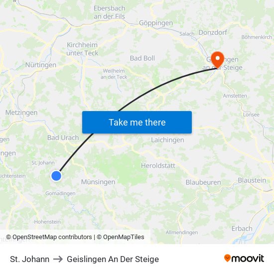 St. Johann to Geislingen An Der Steige map