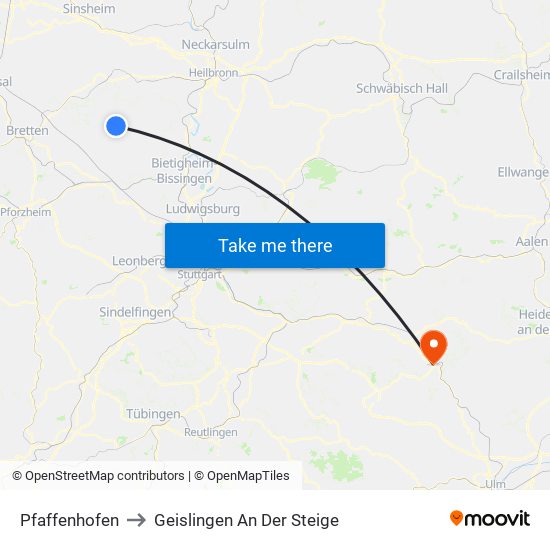 Pfaffenhofen to Geislingen An Der Steige map