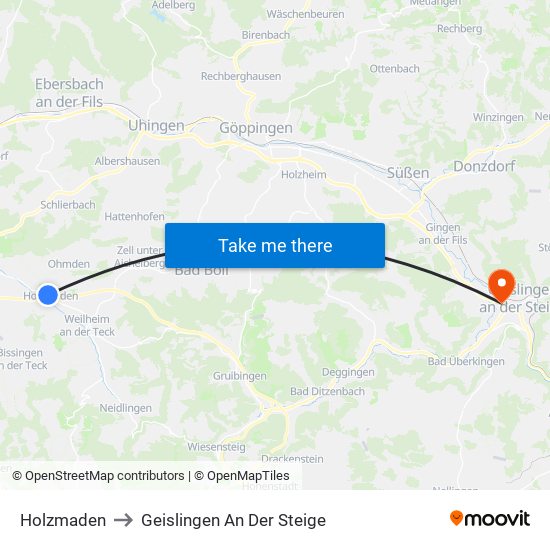 Holzmaden to Geislingen An Der Steige map