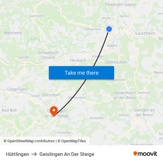 Hüttlingen to Geislingen An Der Steige map