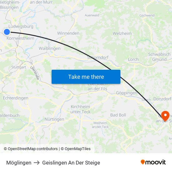 Möglingen to Geislingen An Der Steige map