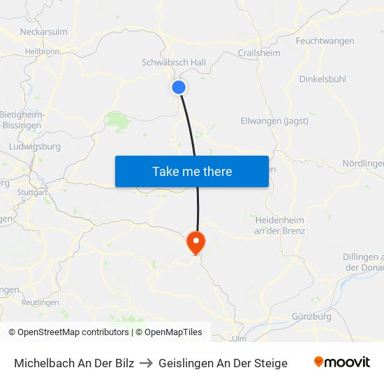 Michelbach An Der Bilz to Geislingen An Der Steige map