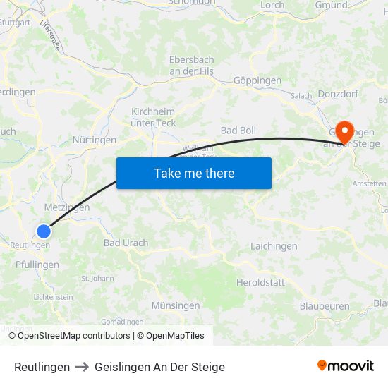 Reutlingen to Geislingen An Der Steige map