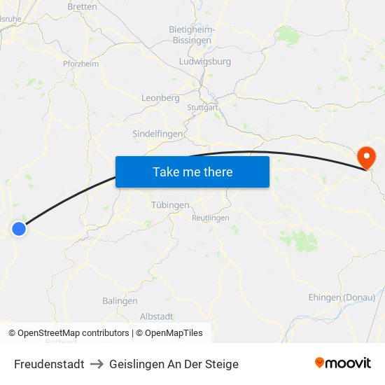 Freudenstadt to Geislingen An Der Steige map