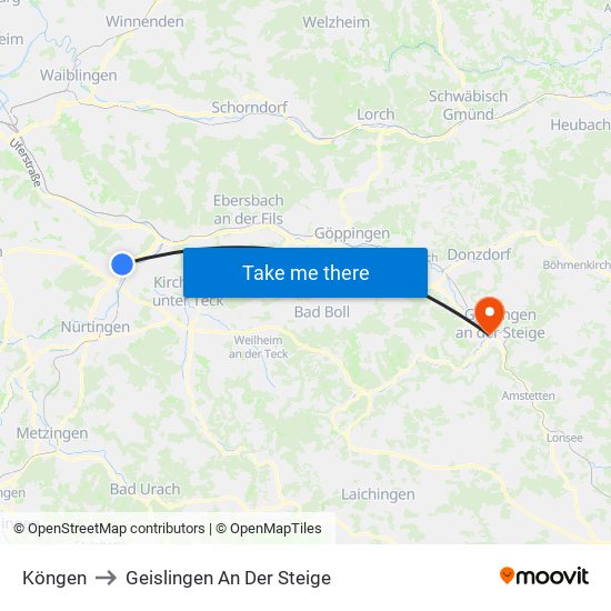 Köngen to Geislingen An Der Steige map