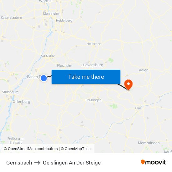 Gernsbach to Geislingen An Der Steige map