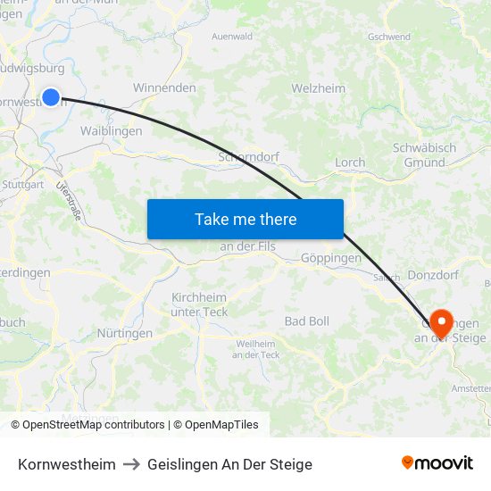 Kornwestheim to Geislingen An Der Steige map