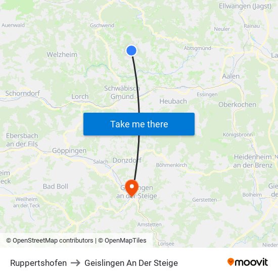 Ruppertshofen to Geislingen An Der Steige map