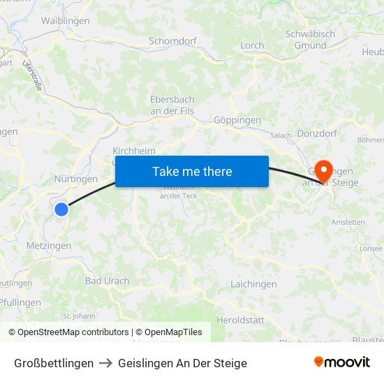 Großbettlingen to Geislingen An Der Steige map