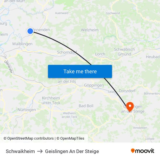 Schwaikheim to Geislingen An Der Steige map