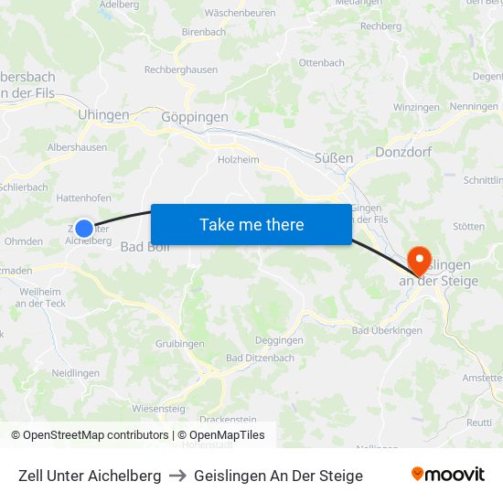 Zell Unter Aichelberg to Geislingen An Der Steige map