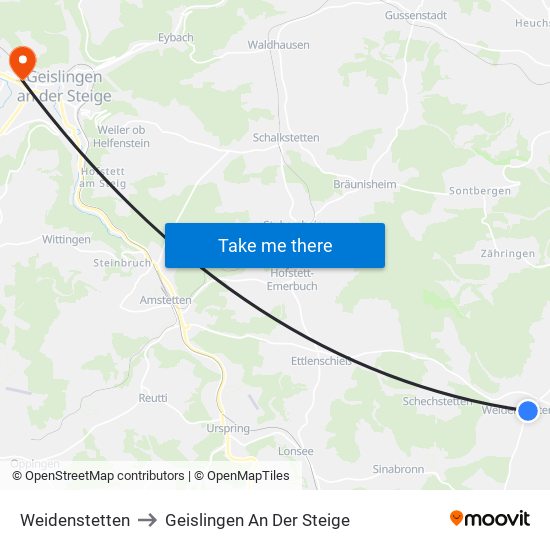 Weidenstetten to Geislingen An Der Steige map