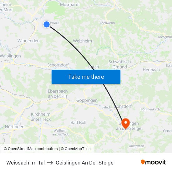 Weissach Im Tal to Geislingen An Der Steige map