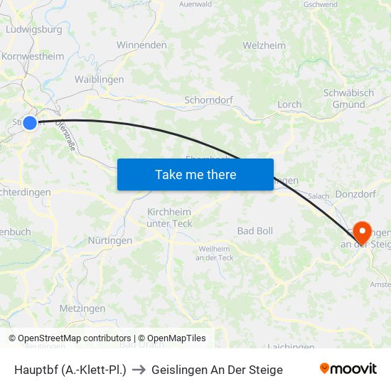 Hauptbf (A.-Klett-Pl.) to Geislingen An Der Steige map