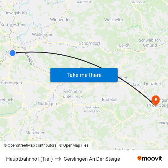 Hauptbahnhof (Tief) to Geislingen An Der Steige map