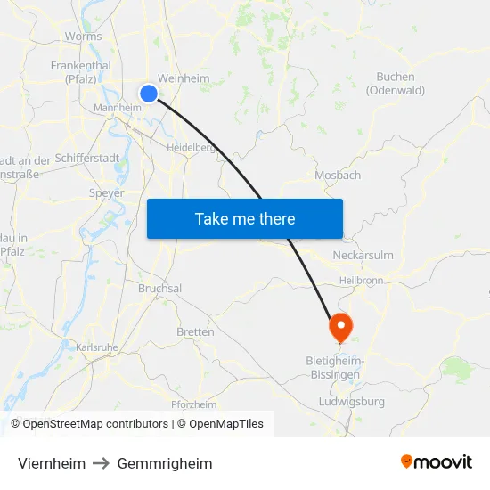 Viernheim to Gemmrigheim map