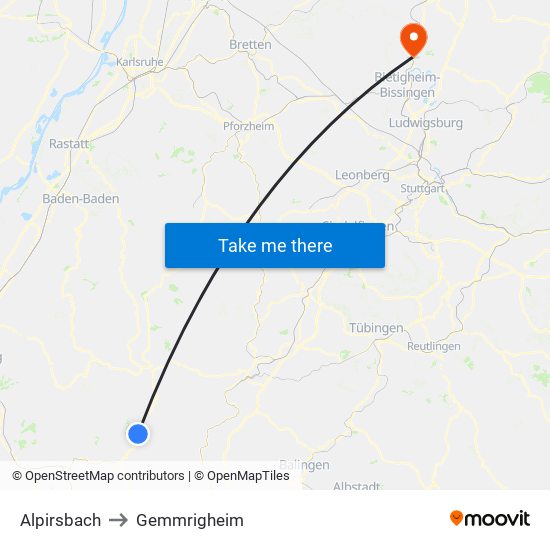 Alpirsbach to Gemmrigheim map