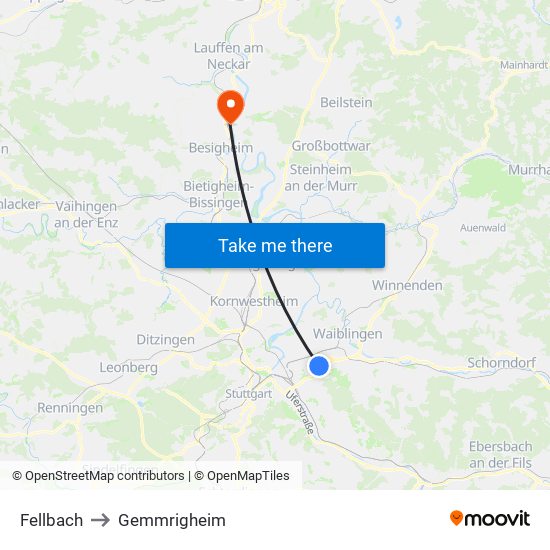 Fellbach to Gemmrigheim map