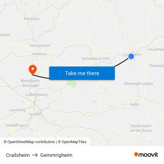 Crailsheim to Gemmrigheim map