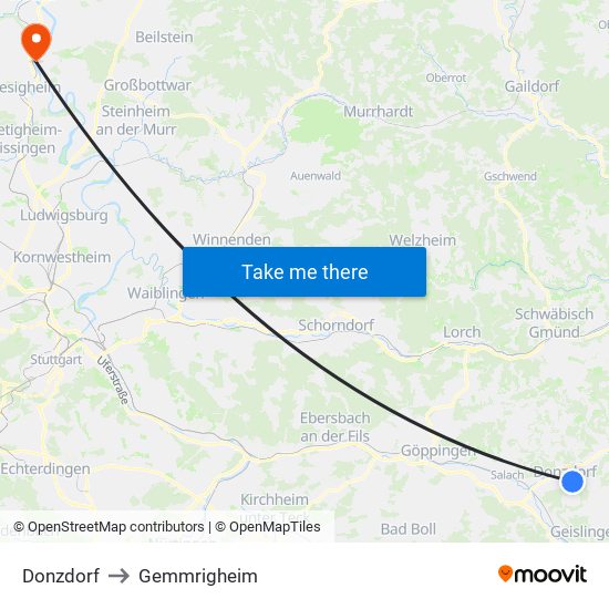Donzdorf to Gemmrigheim map