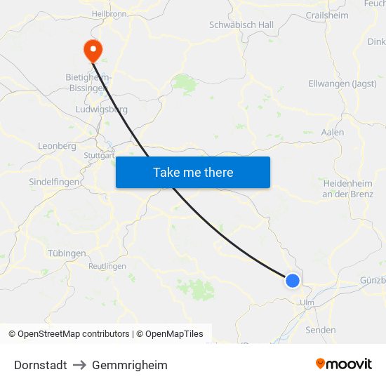 Dornstadt to Gemmrigheim map