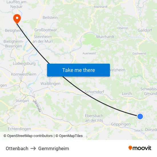 Ottenbach to Gemmrigheim map